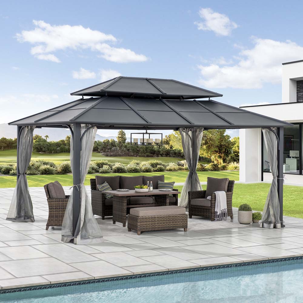 SUNJOY 12x16 Hard Top Gazebo with Steel Roof, Ceiling Hook, and Netting.