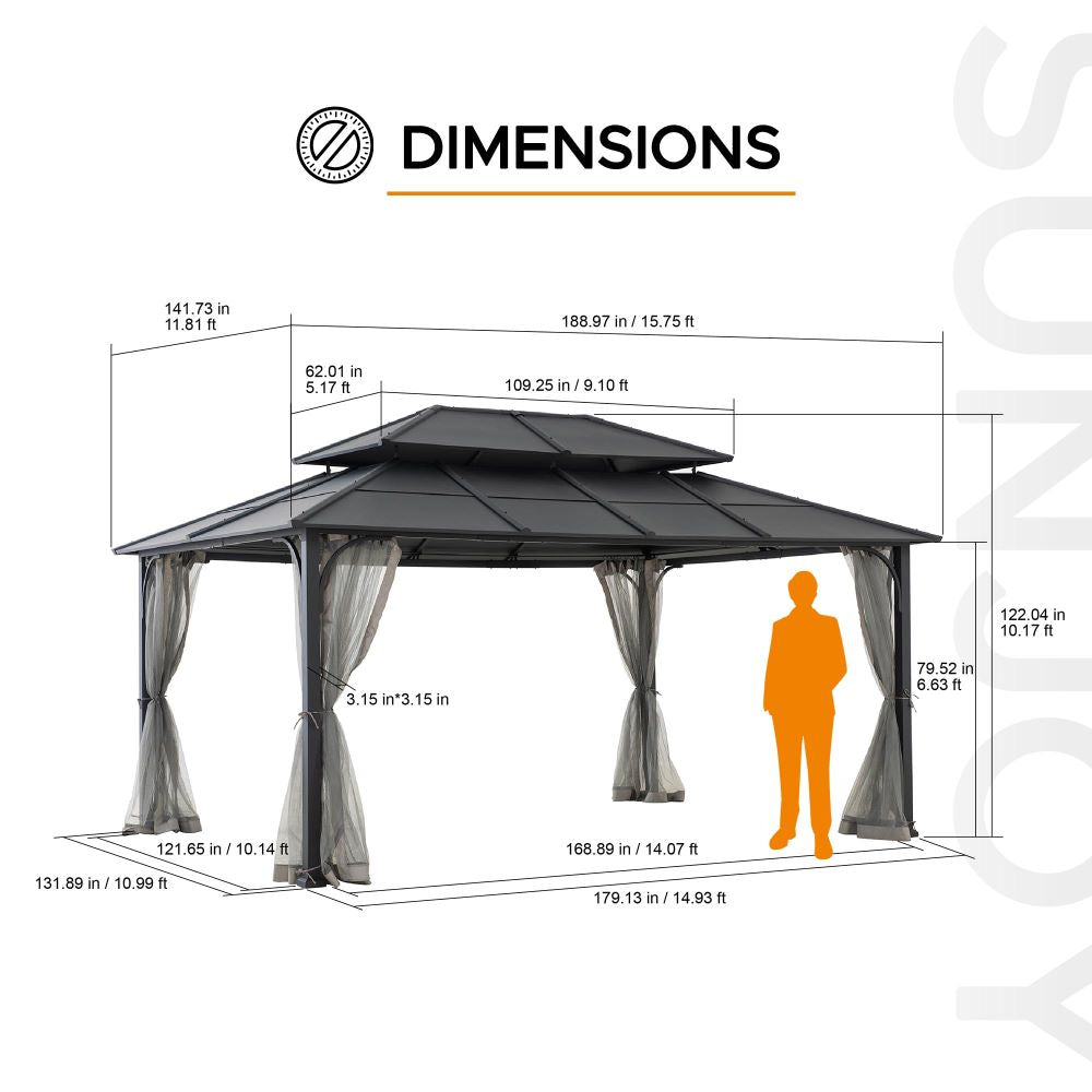 SUNJOY 12x16 Hard Top Gazebo with Steel Roof, Ceiling Hook, and Netting - Black