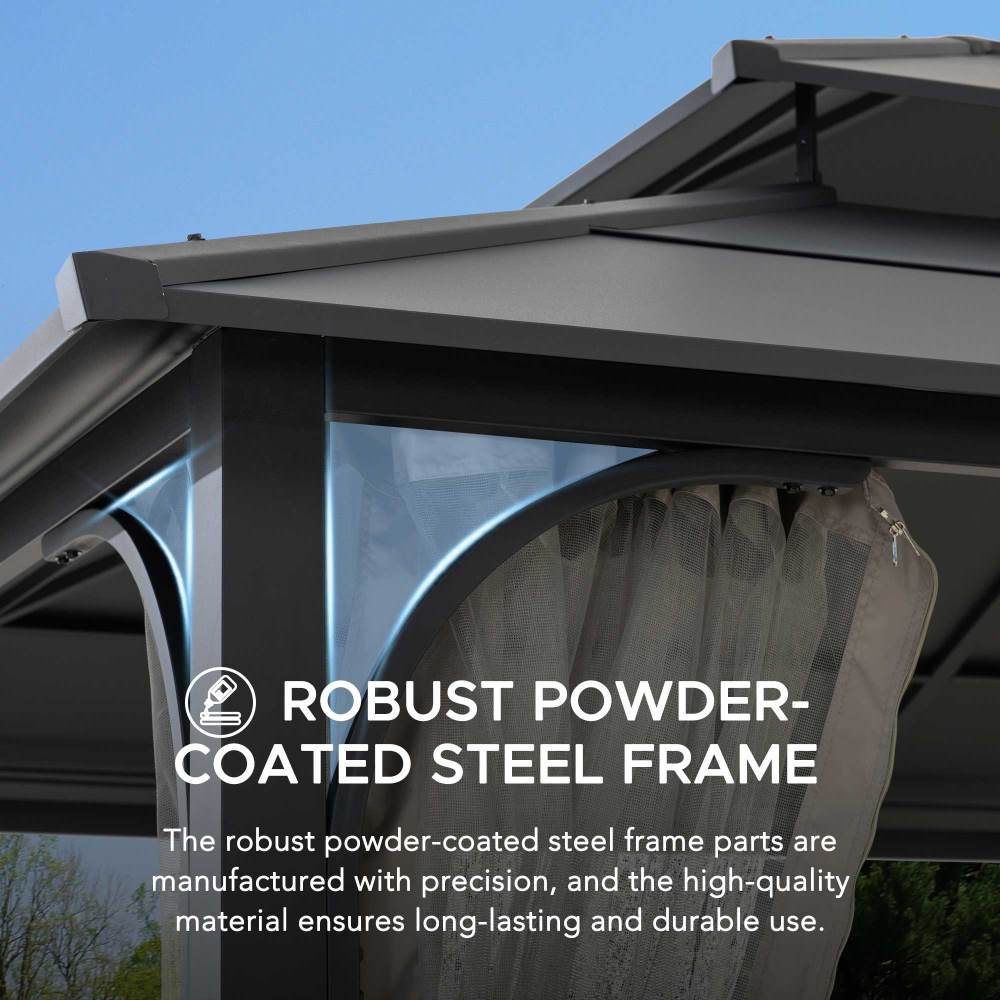 SUNJOY 12x16 Hard Top Gazebo with Steel Roof, Ceiling Hook, and Netting.