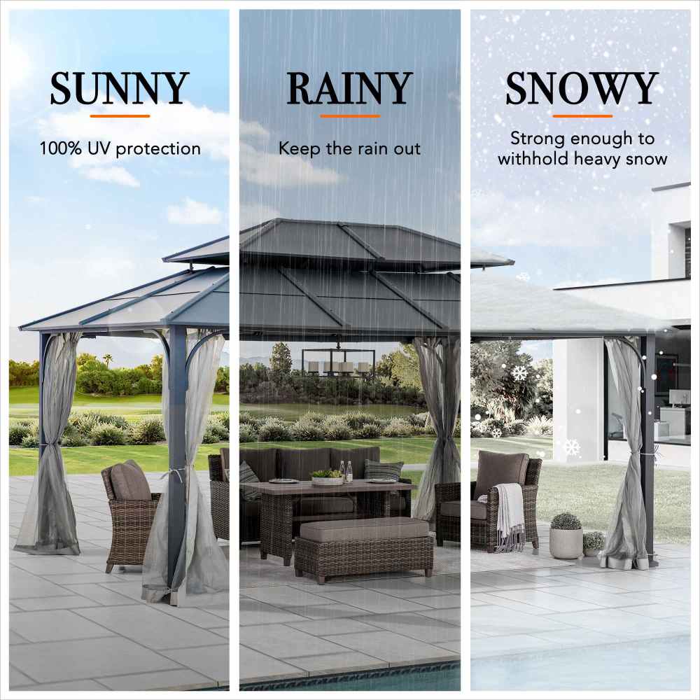 SUNJOY 12x16 Hard Top Gazebo with Steel Roof, Ceiling Hook, and Netting.