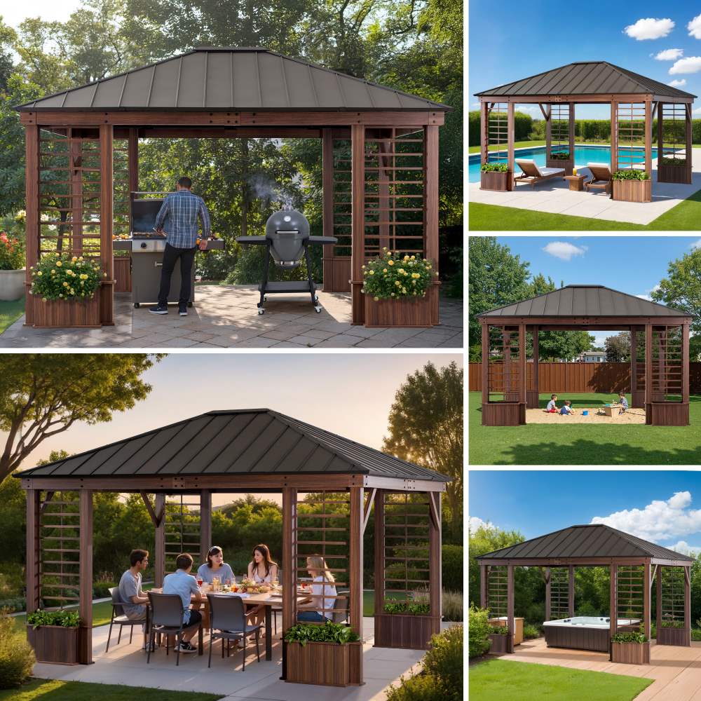 SUNJOY 13x15 Wilmington Aluminum Frame Hardtop Gazebo with Planters