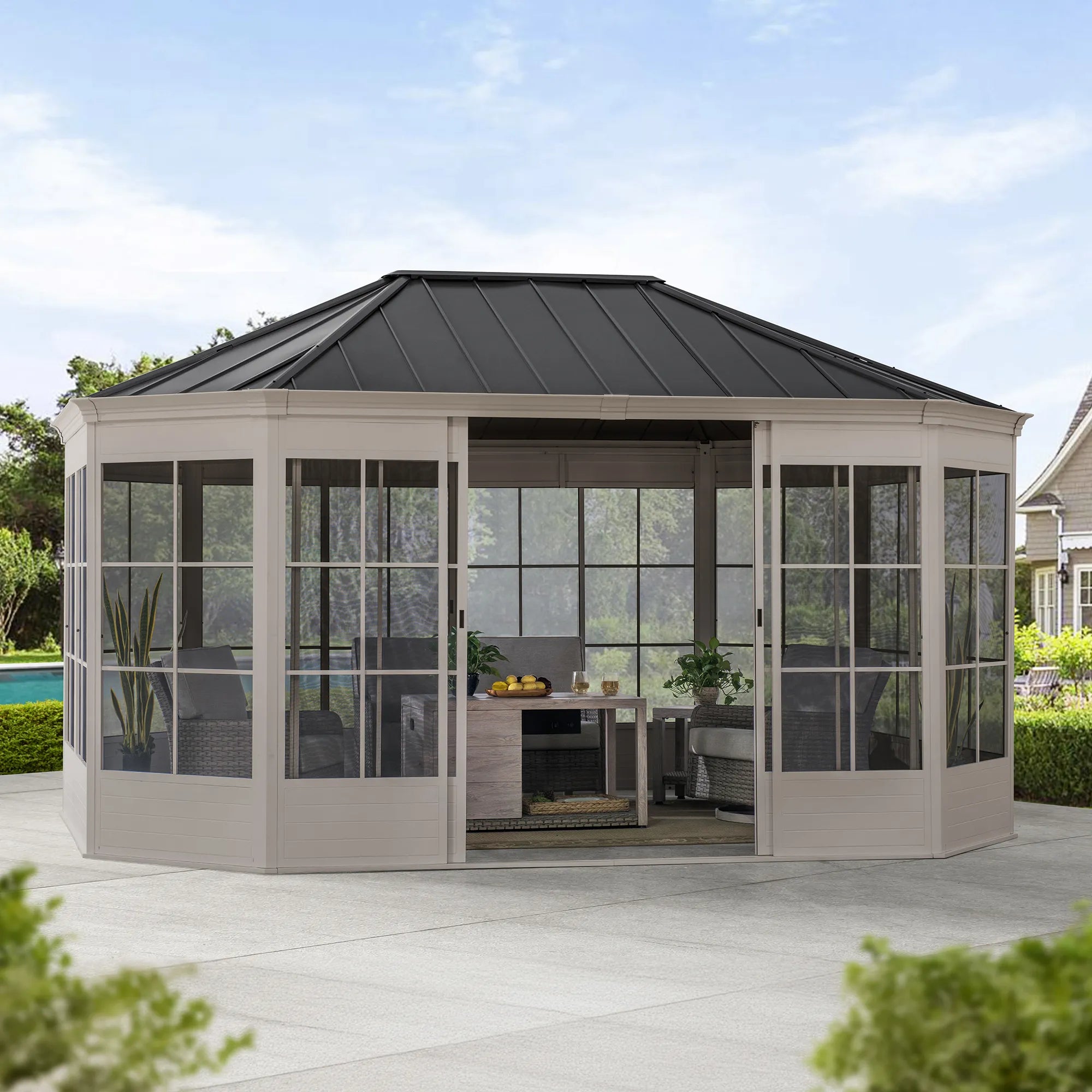 Sunjoy 12' x 16' Cape Blue Hardtop Screenhouse