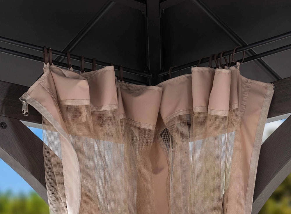 SUNJOY 15x13 Hardtop Steel Gazebo with Netting, Ceiling Hook & Realistic Woodgrain Finish