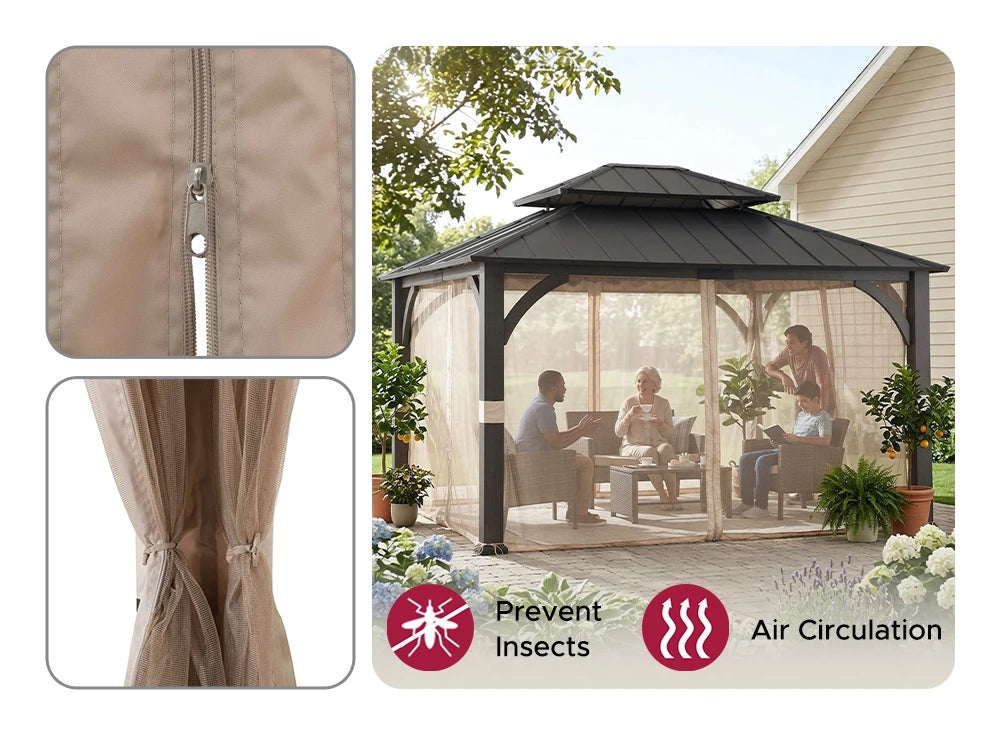 SUNJOY 15x13 Hardtop Steel Gazebo with Netting, Ceiling Hook & Realistic Woodgrain Finish