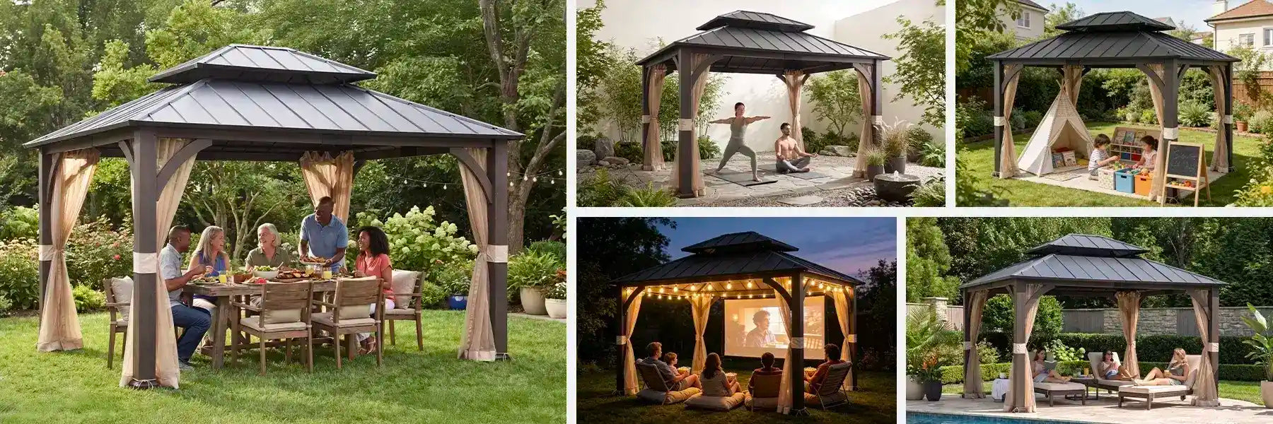 SUNJOY 15x13 Hardtop Steel Gazebo with Netting, Ceiling Hook & Realistic Woodgrain Finish