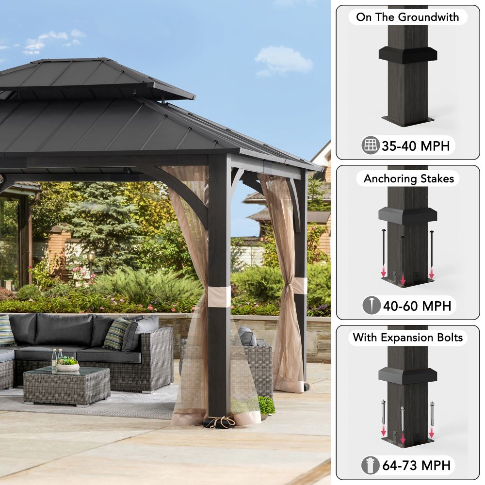SUNJOY 15x13 Hardtop Steel Gazebo with Netting, Ceiling Hook & Realistic Woodgrain Finish