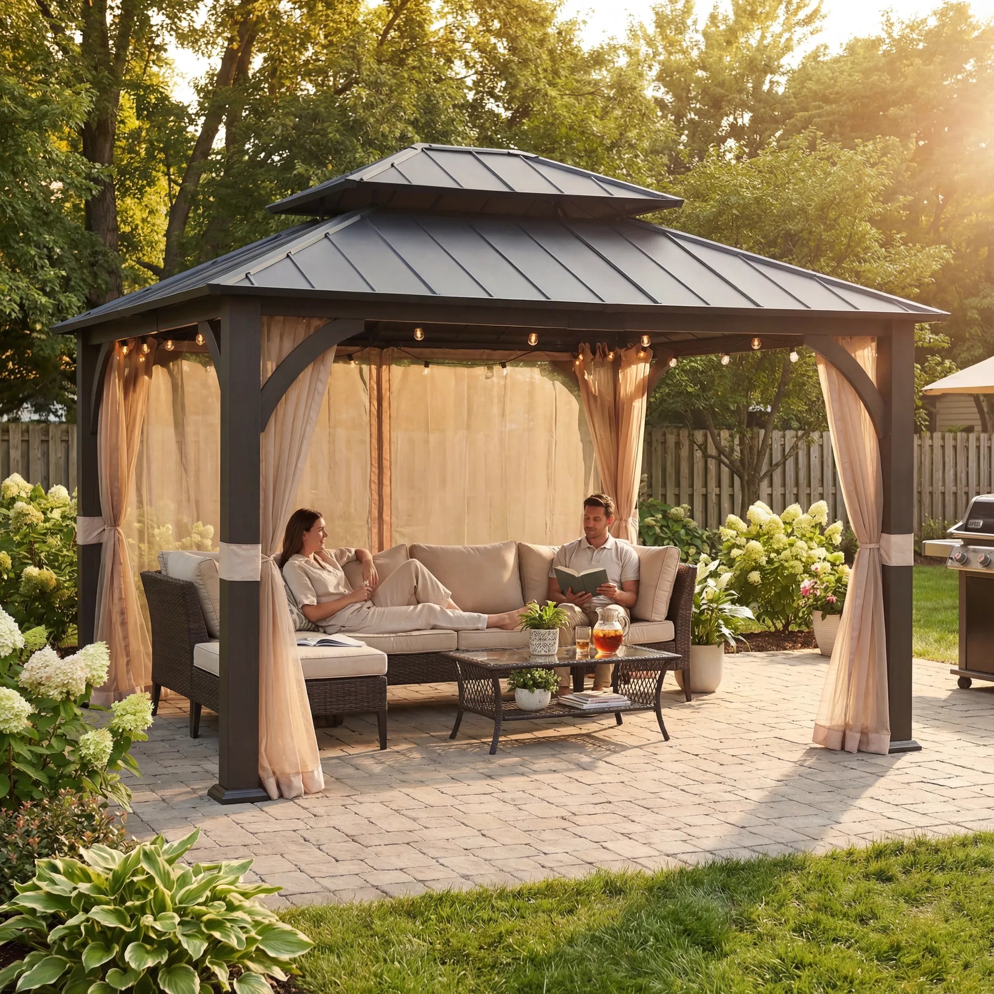 SUNJOY 15x13 Hardtop Steel Gazebo with Netting, Ceiling Hook & Realistic Woodgrain Finish