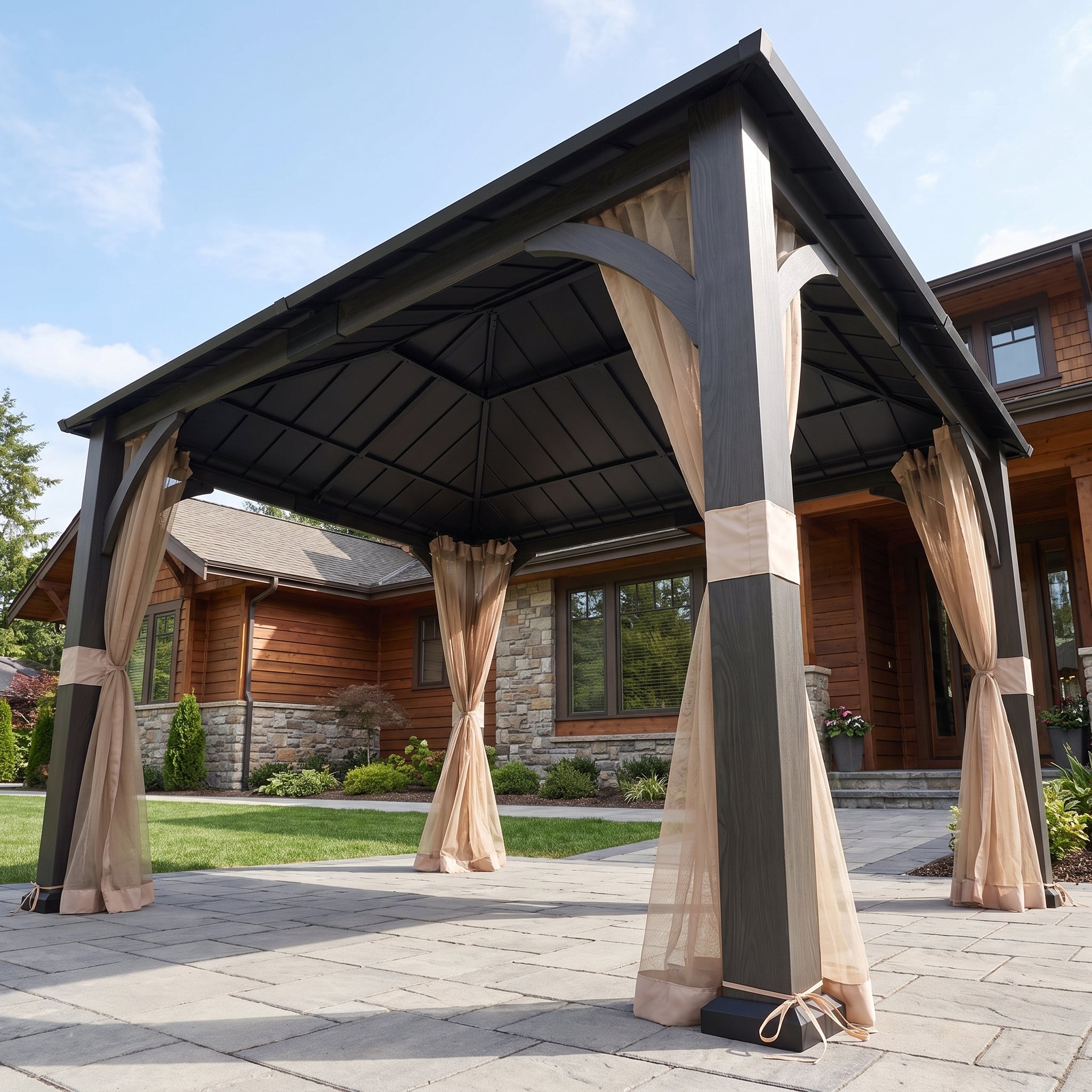 Meridian Woodgrain Tall Metal Gazebo with Netting, 2-Tier Steel Roof 13' × 15'