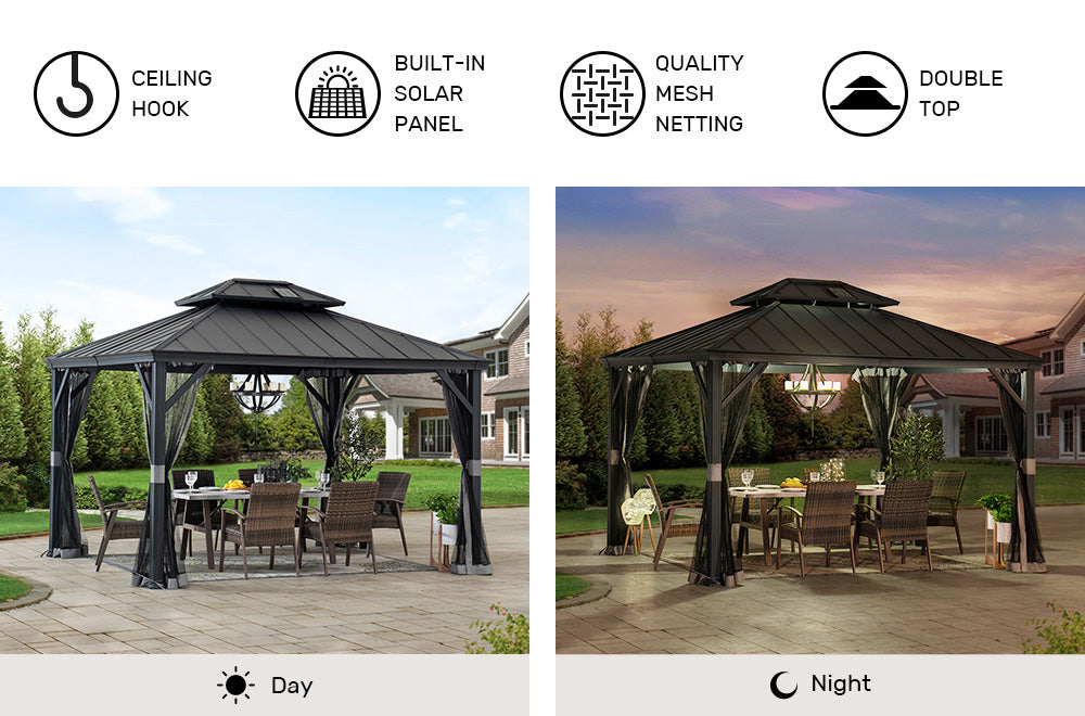 SUNJOY 10x12 Gazebo with Mosquito Netting and Solar Panel