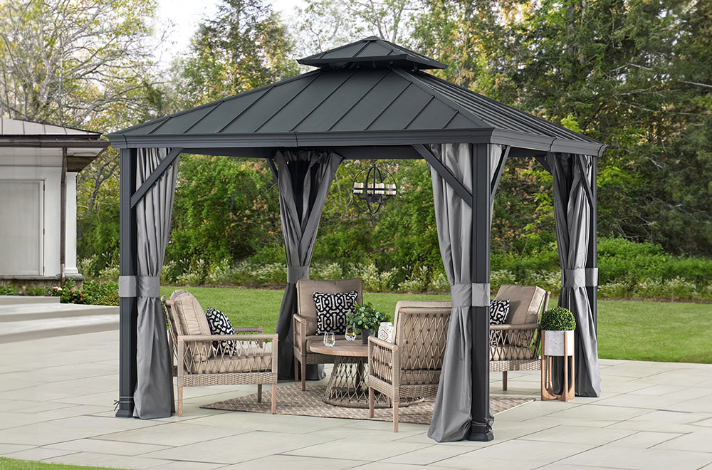 SUNJOY 10x10 Hardtop Gazebo with Aluminum Frame, Netting, and Curtain