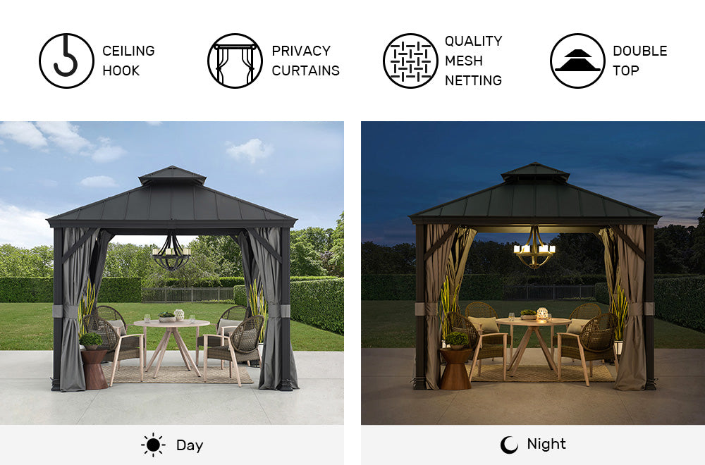 SUNJOY 10x10 Hardtop Gazebo with Aluminum Frame, Netting, and Curtain