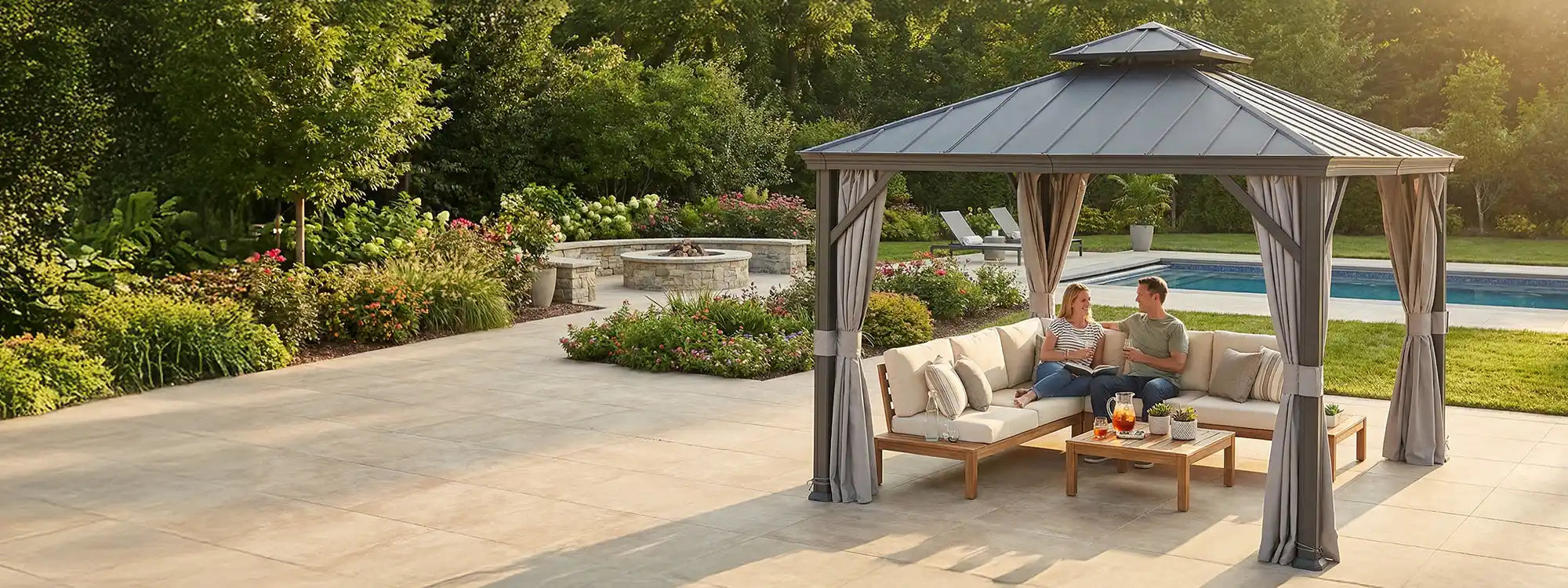 SUNJOY 10x10 Hardtop Gazebo with Aluminum Frame, Netting, and Curtain