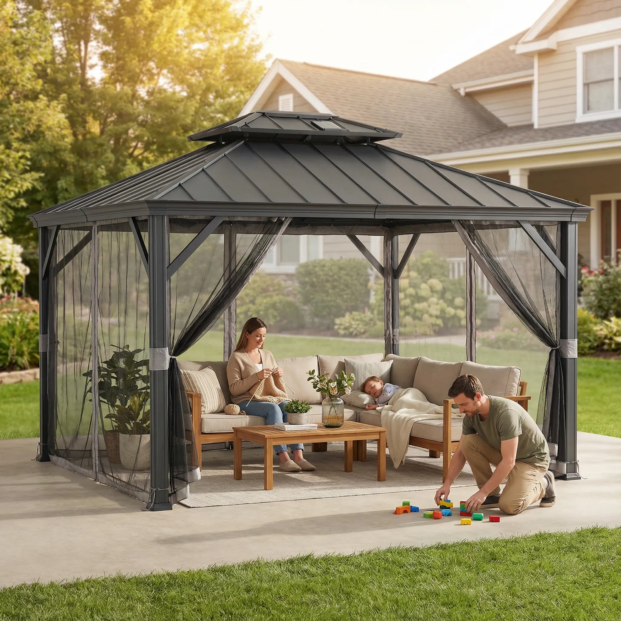 SUNJOY 10x12 Aluminum Frame Hardtop Gazebo with Solar Panel and Netting