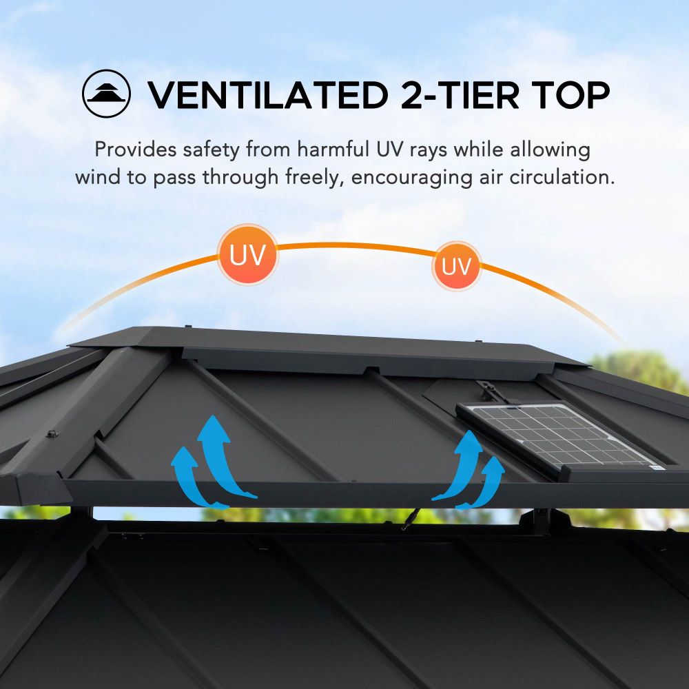 SUNJOY 10x12 Hardtop Gazebo with Solar Panel and Netting.