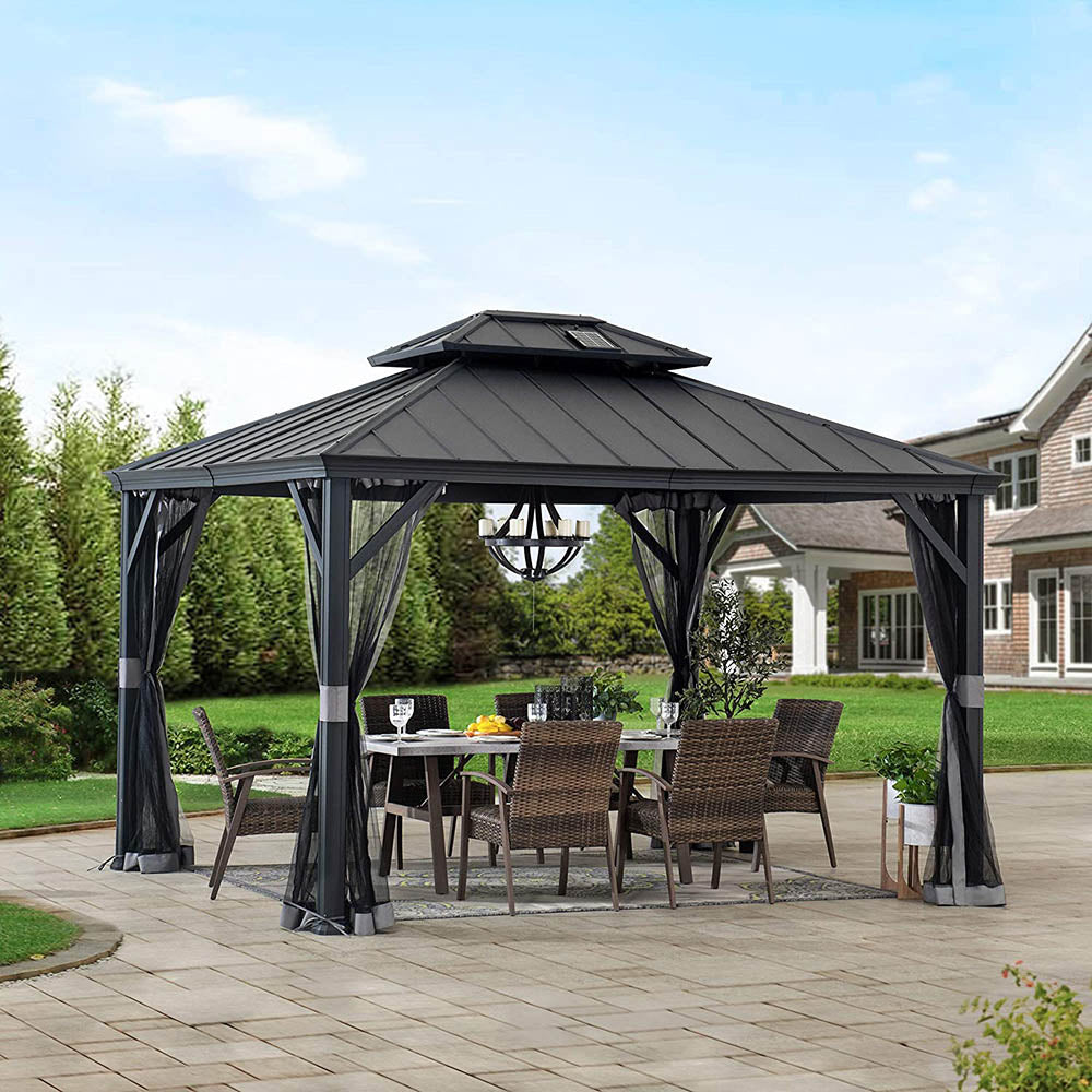 SUNJOY 10x12 Hardtop Gazebo with Solar Panel and Netting.