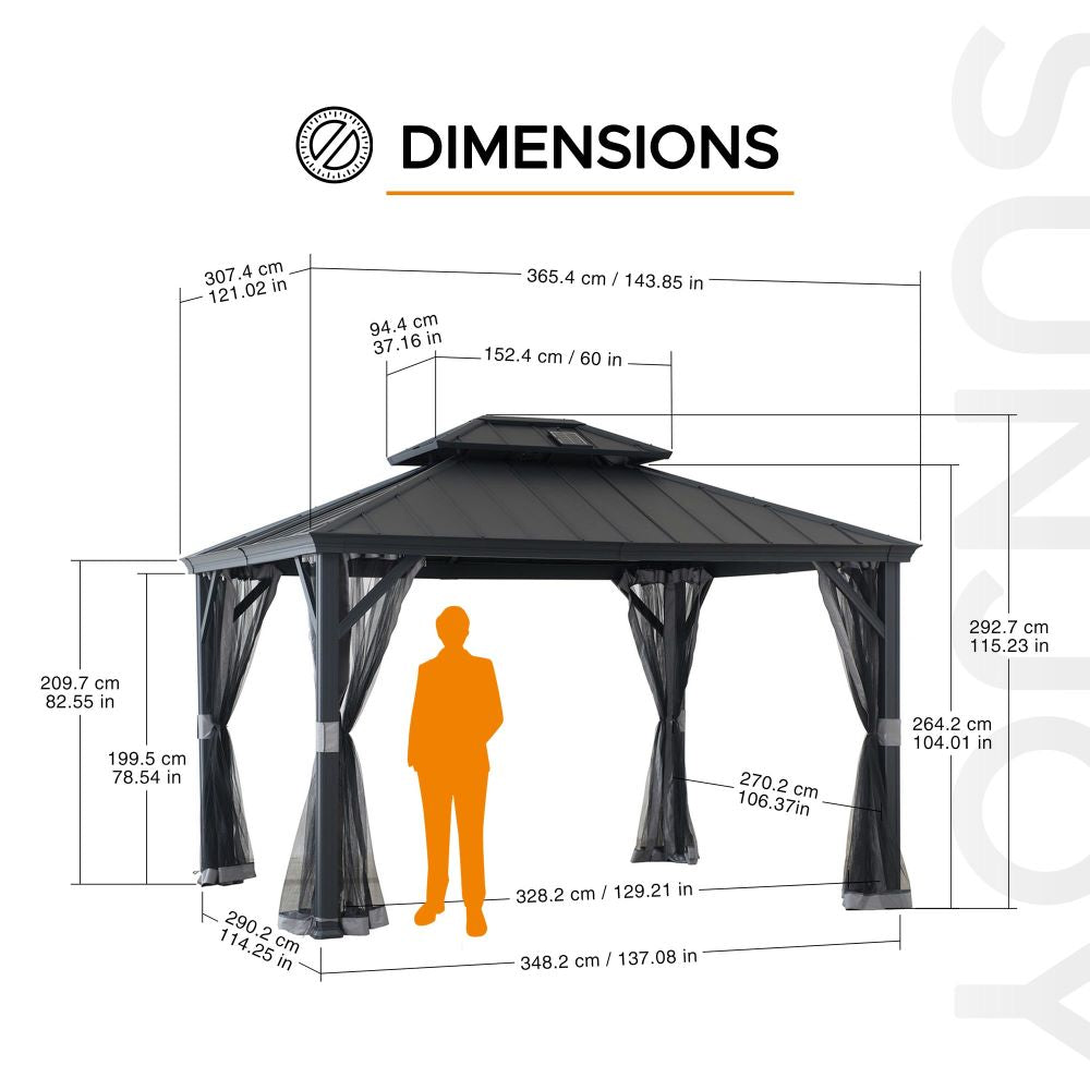 SUNJOY 10x12 Hardtop Gazebo with Solar Panel and Netting.