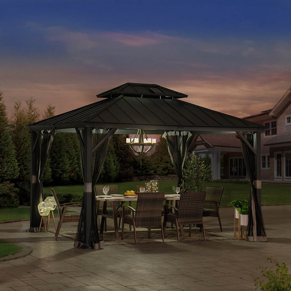 SUNJOY 10x12 Hardtop Gazebo with Solar Panel and Netting.