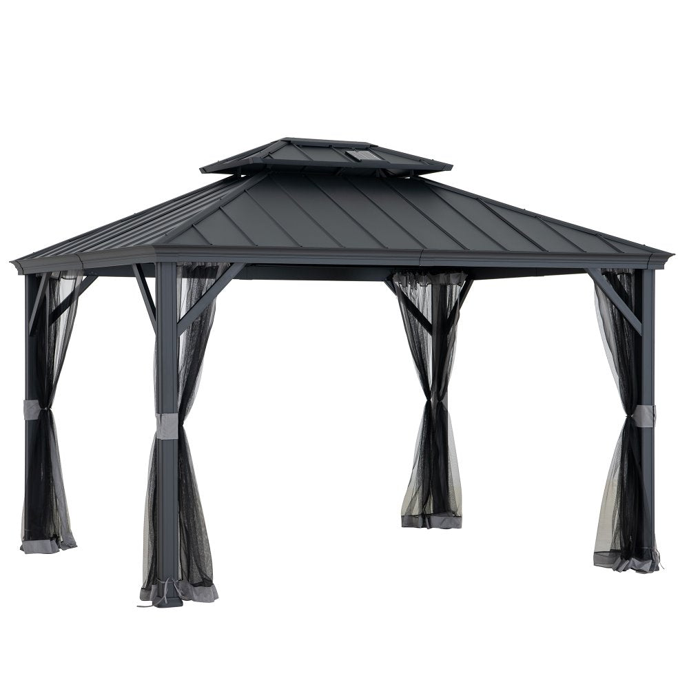 SUNJOY 10x12 Hardtop Gazebo with Solar Panel and Netting