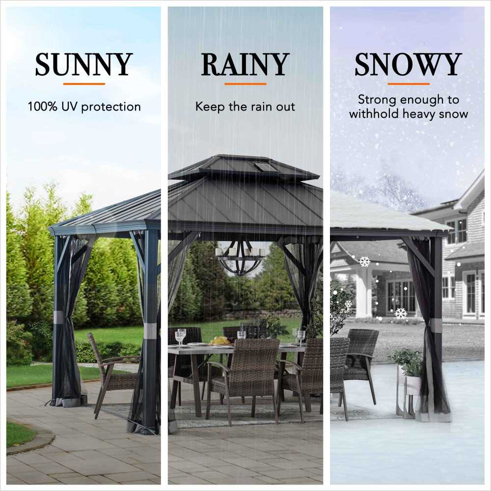 SUNJOY 10x12 Hardtop Gazebo with Solar Panel and Netting.