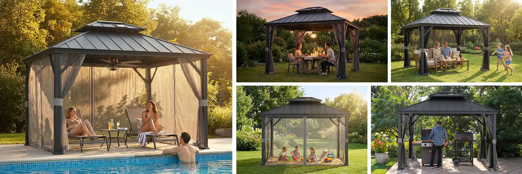 SUNJOY 10x12 Aluminum Frame Hardtop Gazebo with Solar Panel and Netting