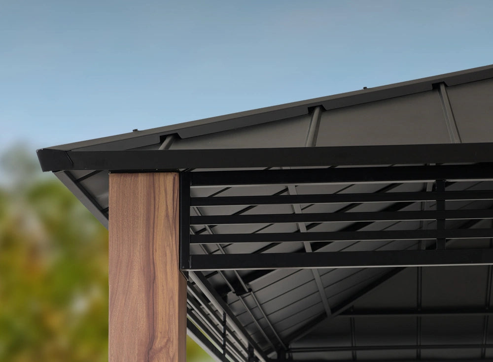 SUNJOY 13x15 Hardtop Gazebo Outdoor Patio Black Steel Frame Gazebo with 2-Tier Steel Roof