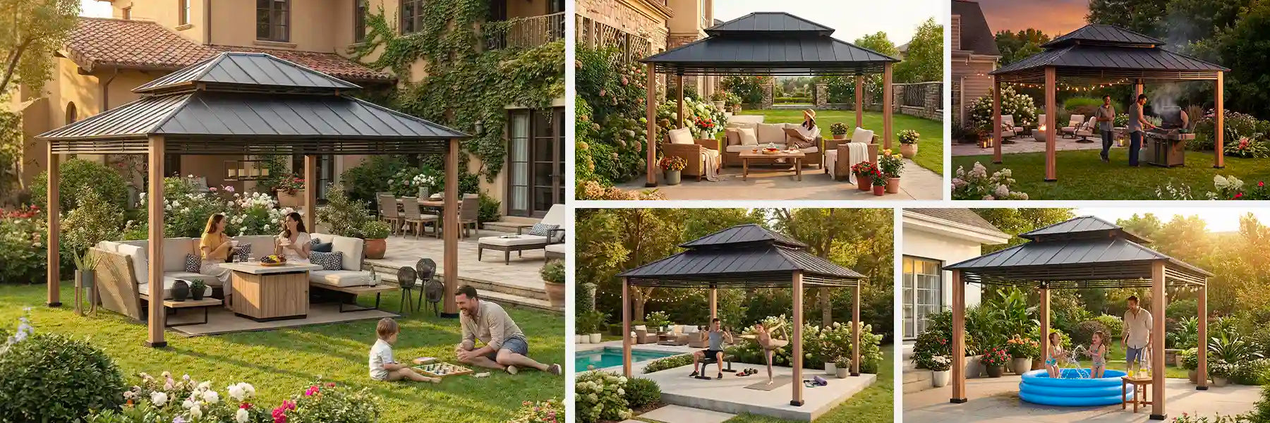 SUNJOY 13x15 Hardtop Gazebo Outdoor Patio Black Steel Frame Gazebo with 2-Tier Steel Roof