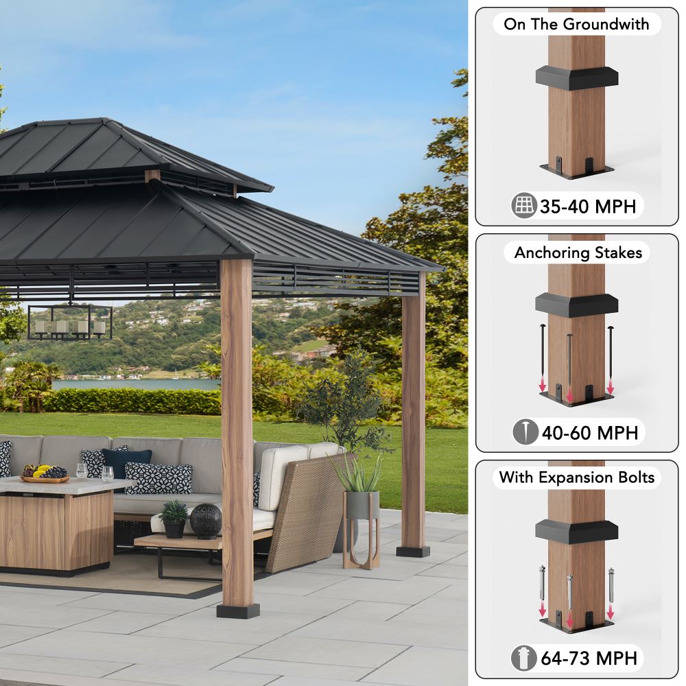 SUNJOY 13x15 Hardtop Gazebo Outdoor Patio Black Steel Frame Gazebo with 2-Tier Steel Roof