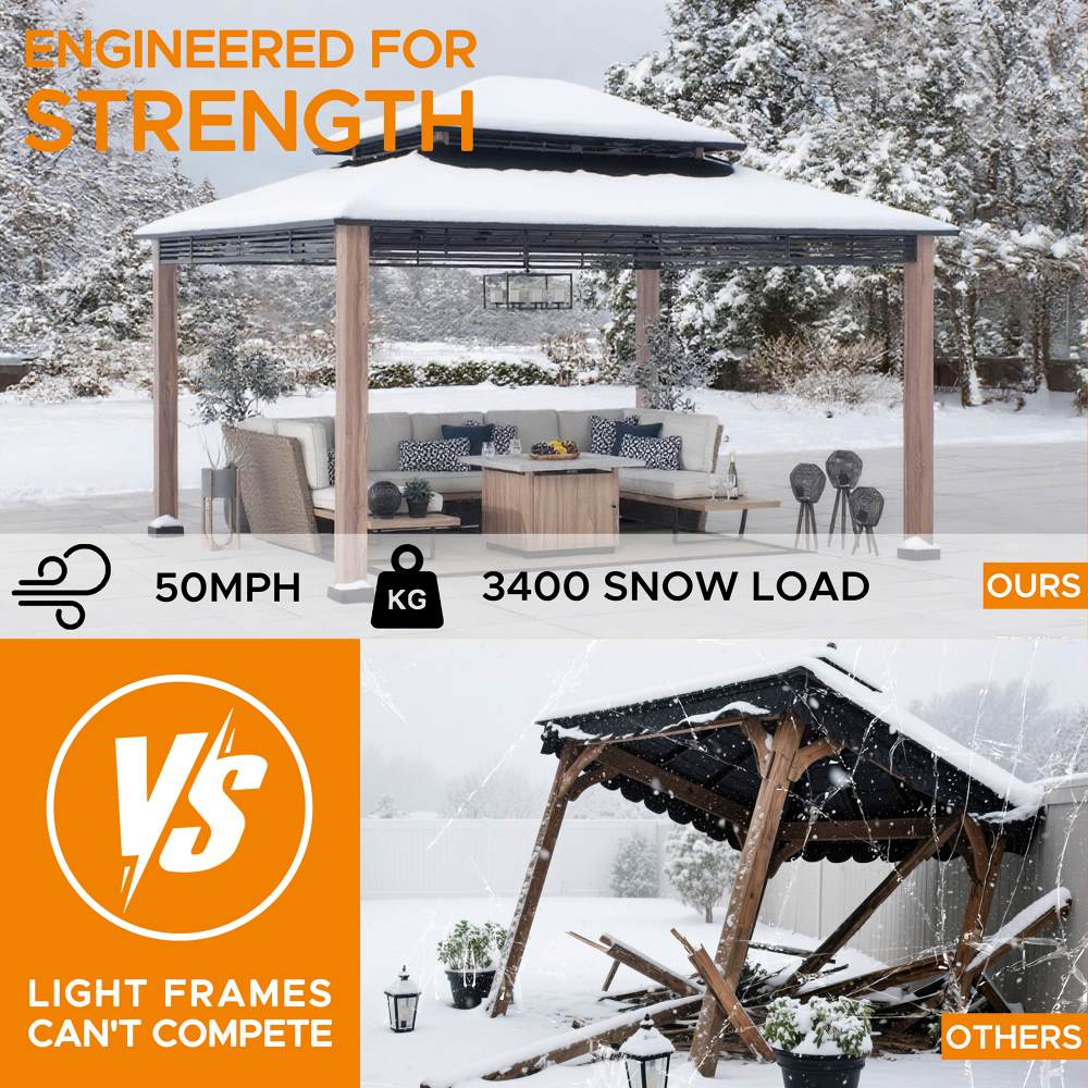 SUNJOY 13x15 Hardtop Gazebo Outdoor Patio Black Steel Frame Gazebo with 2-Tier Steel Roof