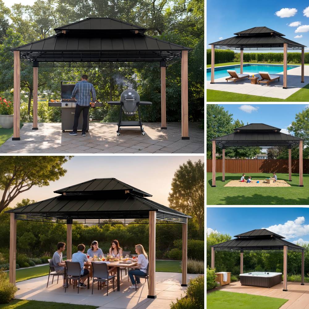 SUNJOY 13x15 Hardtop Gazebo Outdoor Patio Black Steel Frame Gazebo with 2-Tier Steel Roof