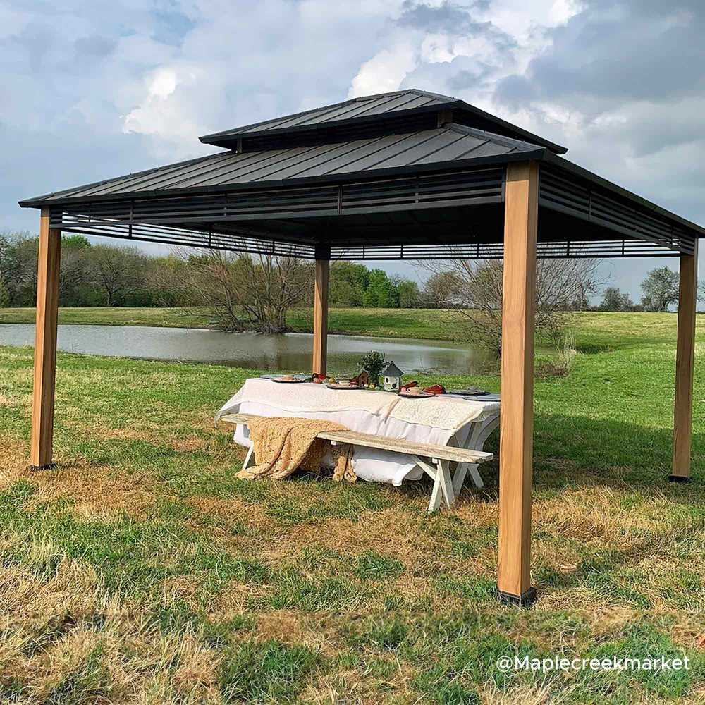 SUNJOY 13x15 Large Modern Gazebo with Metal Wood Look Posts.