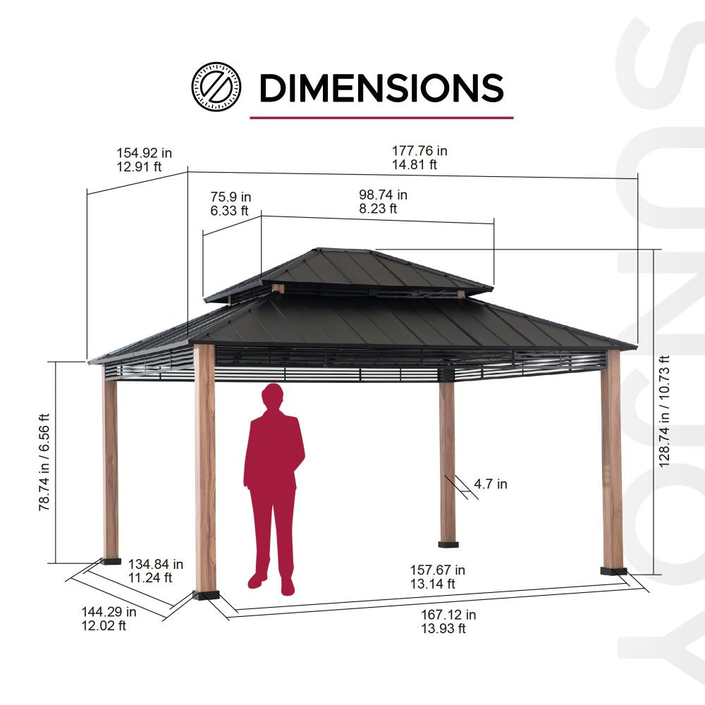 SUNJOY 13x15 Large Modern Gazebo with Metal Wood Look Posts.