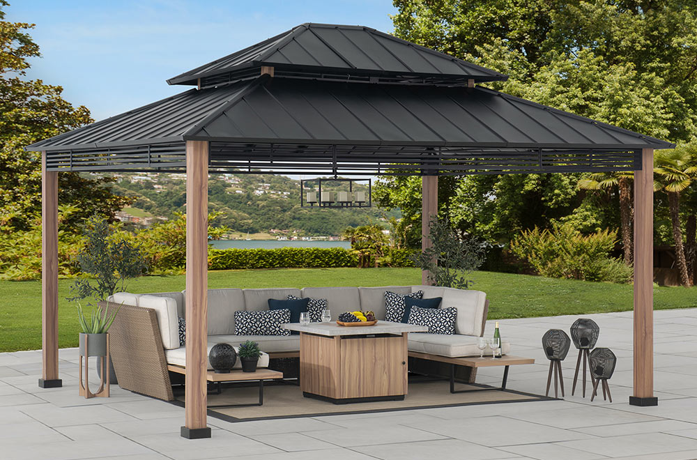 SUNJOY 13x15 Large Modern Gazebo with Metal Wood Look Posts