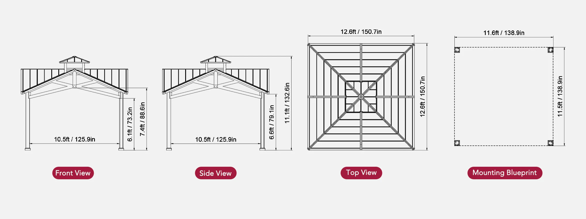 SUNJOY 12.5x12.5 Wooden Frame Hardtop Gazebo with Ceiling Hook