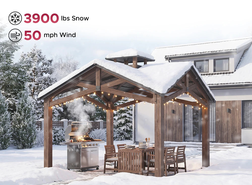 SUNJOY 12.5x12.5 Wooden Frame Hardtop Gazebo with Ceiling Hook