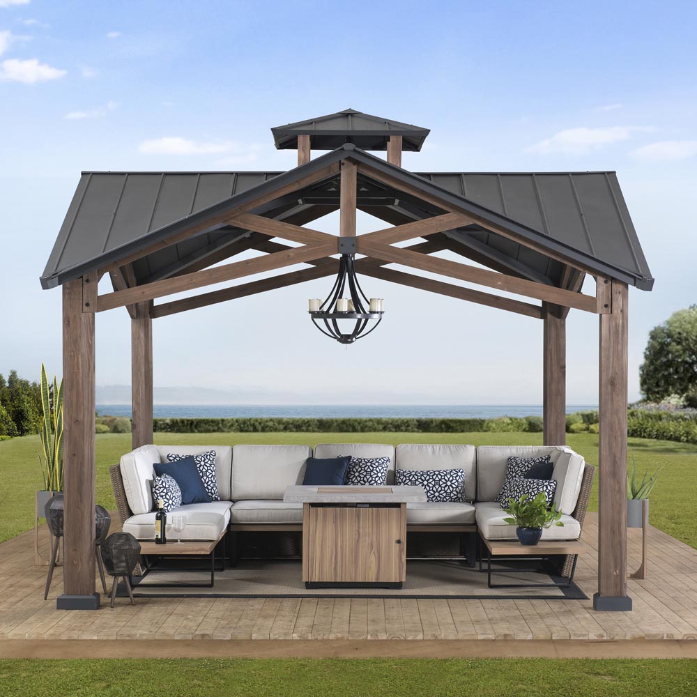 SUNJOY 12.5x12.5 Wooden Frame Hardtop Gazebo with Ceiling Hook.