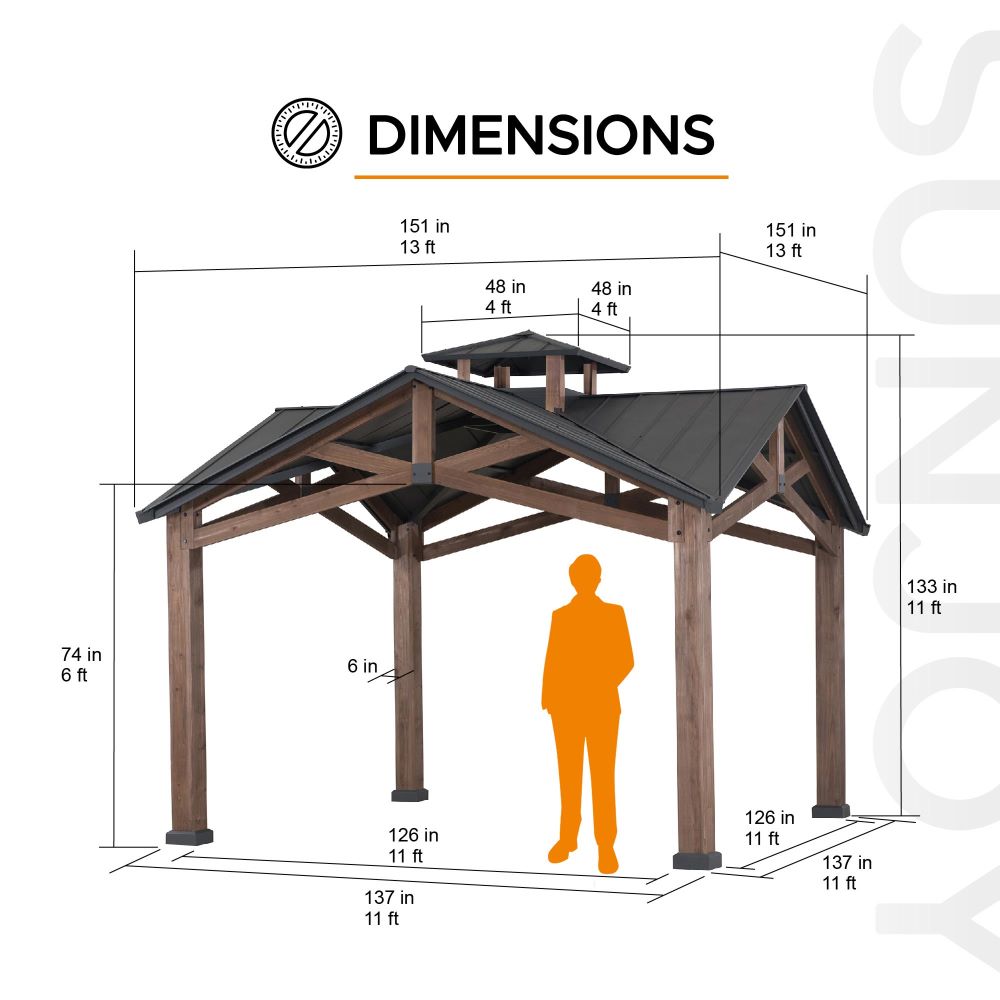 SUNJOY 12.5x12.5 Wooden Frame Hardtop Gazebo with Ceiling Hook.