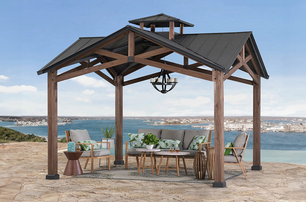 SUNJOY 12.5x12.5 Wooden Frame Hardtop Gazebo with Ceiling Hook