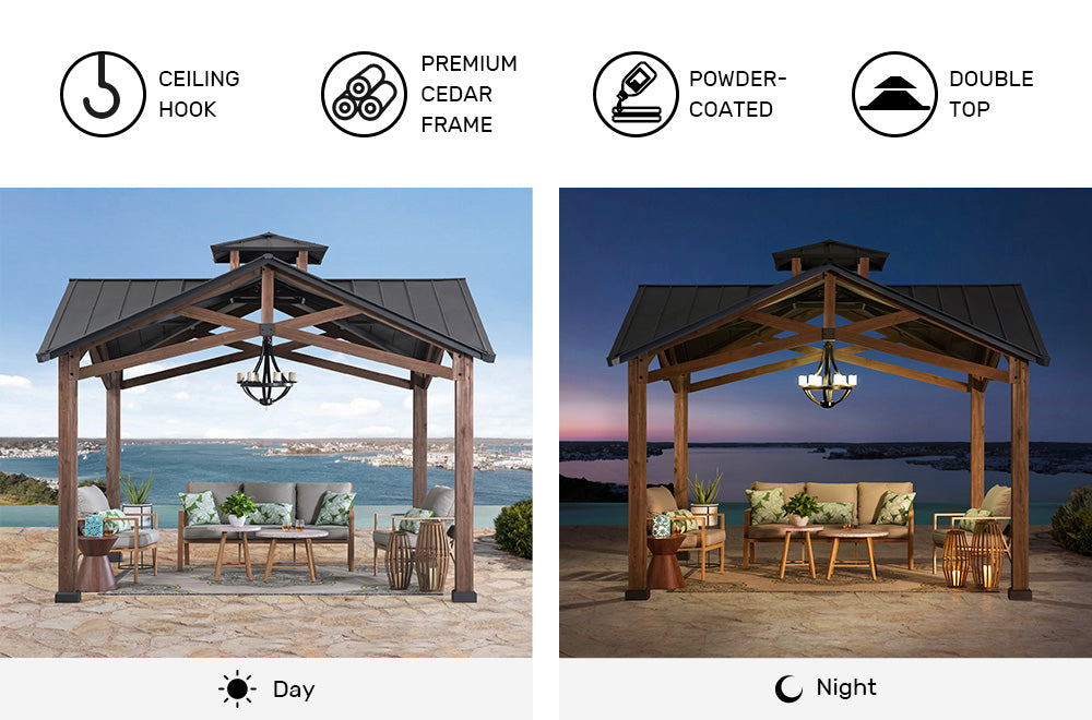SUNJOY 12.5x12.5 Wooden Frame Hardtop Gazebo with Ceiling Hook