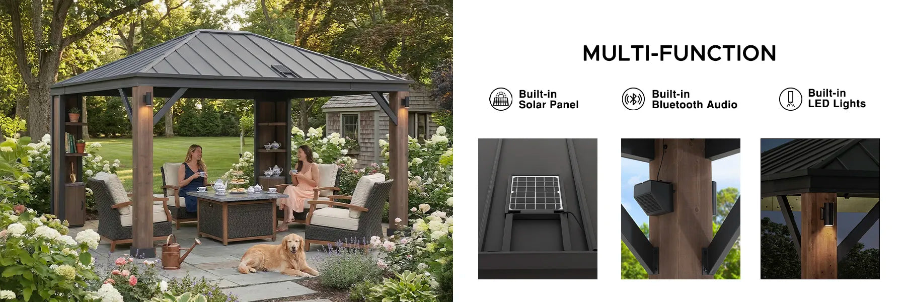 SUNJOY 12x14 Hardtop Gazebo with Wood Shelves, Solar Speaker, and LED Lights