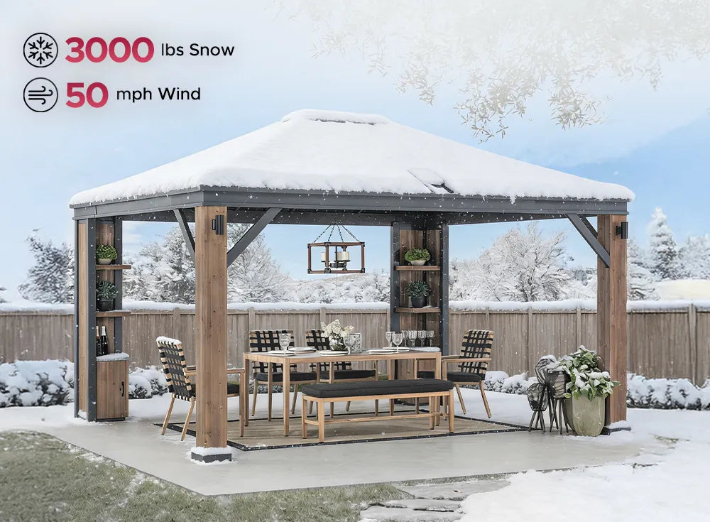 SUNJOY 12x14 Hardtop Gazebo with Wood Shelves, Solar Speaker, and LED Lights