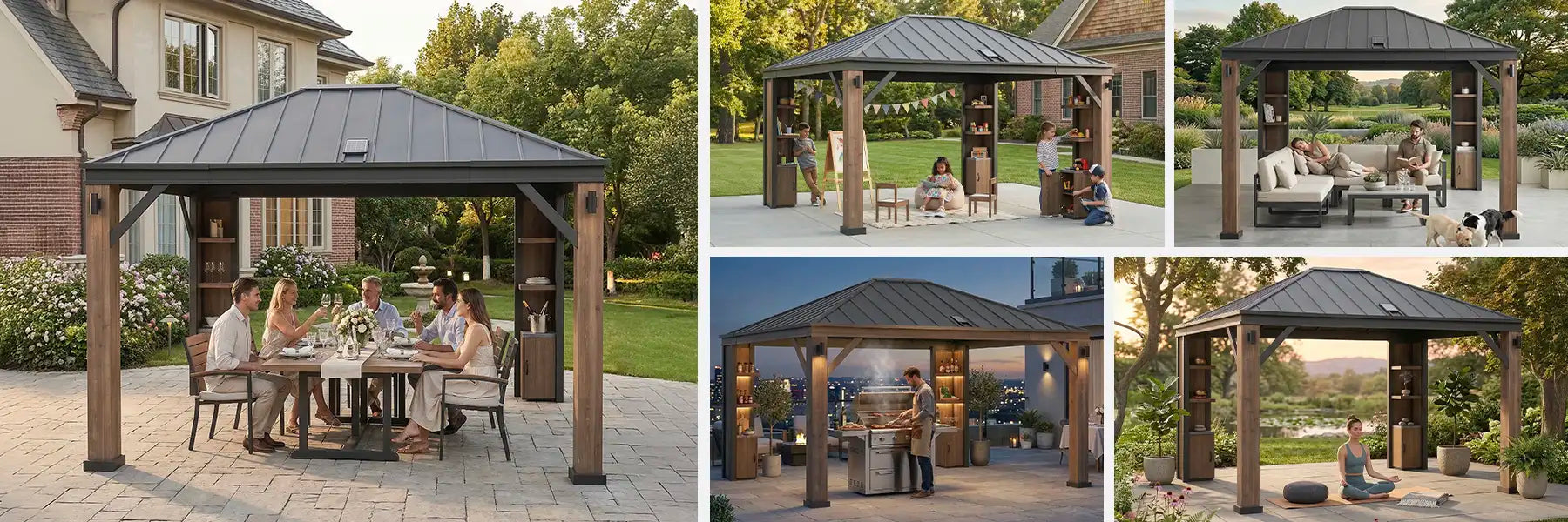 SUNJOY 12x14 Hardtop Gazebo with Wood Shelves, Solar Speaker, and LED Lights