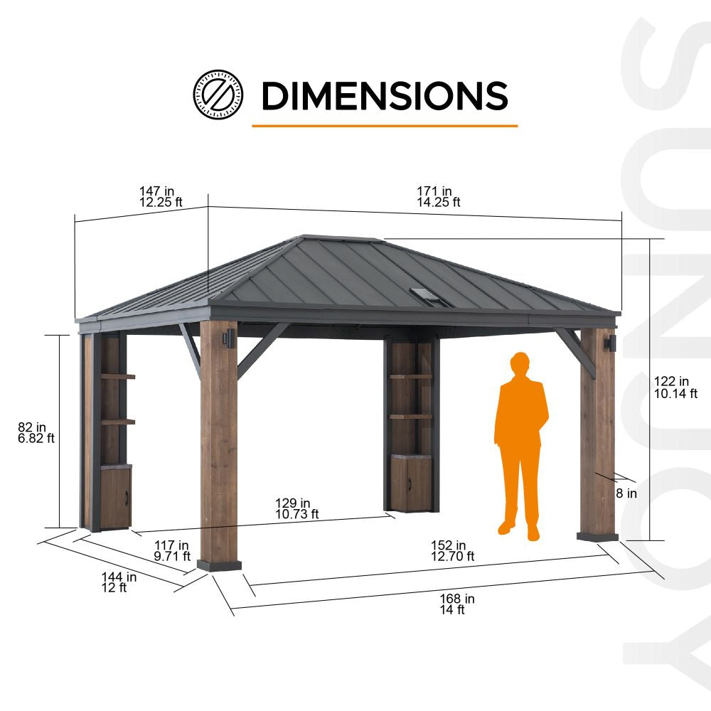 SUNJOY 12x14 Gazebo with Wood Shelves, Solar Speaker, and LED Lights.