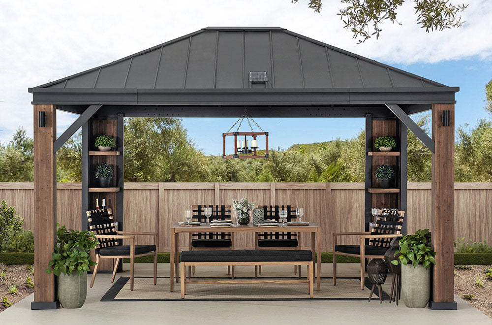 SUNJOY 12x14 Gazebo with Wood Shelves, Solar Speaker, and LED Lights