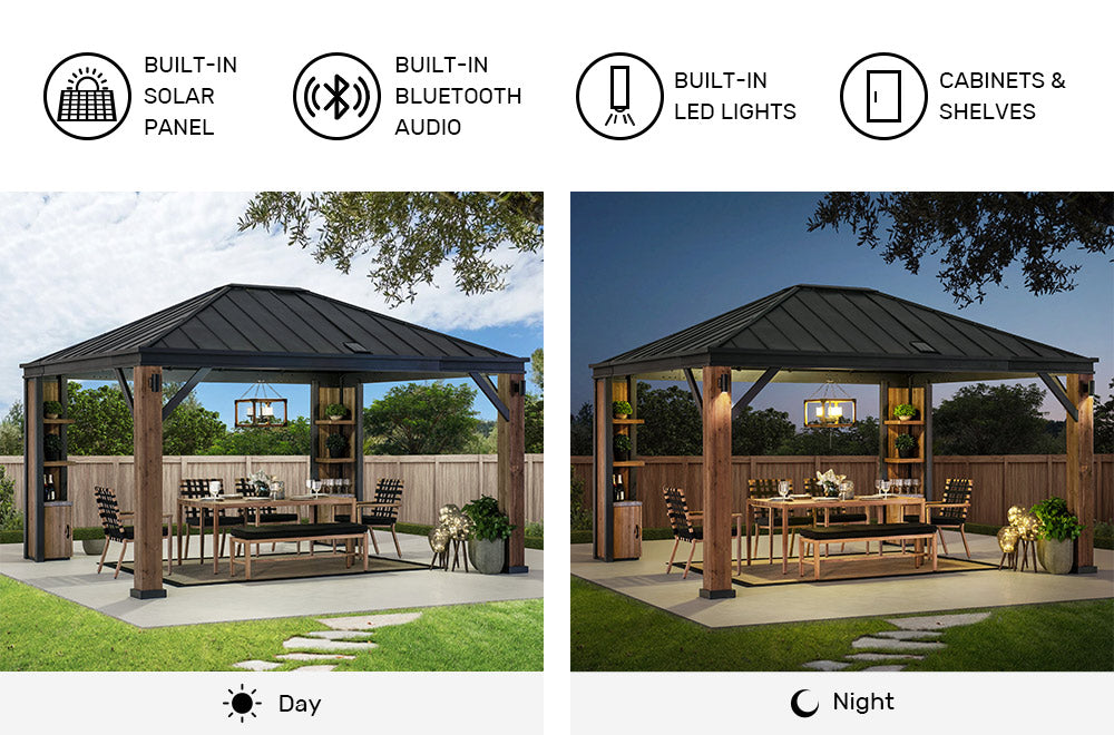 SUNJOY 12x14 Gazebo with Wood Shelves, Solar Speaker, and LED Lights
