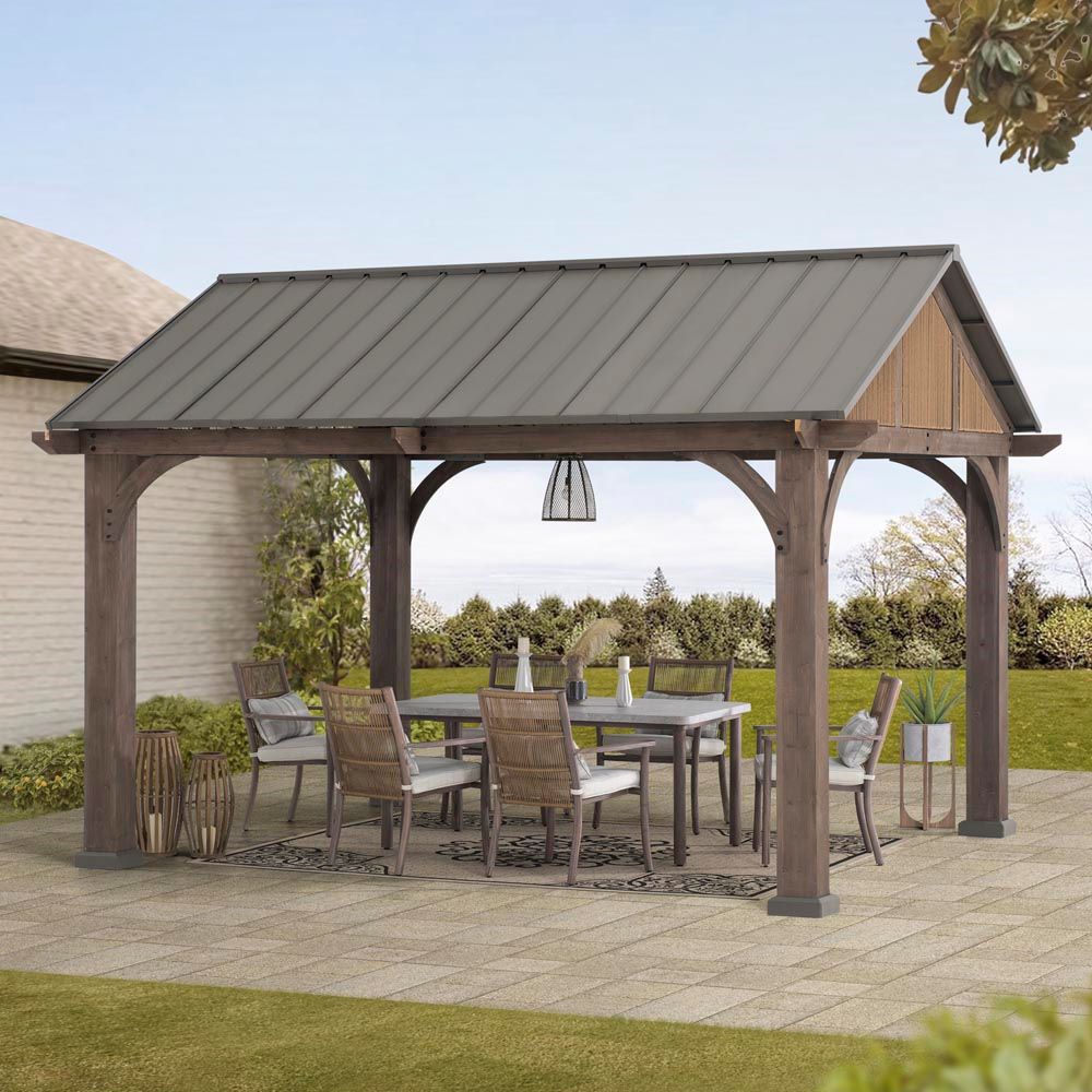 SUNJOY 12x14 Brown Wooden Frame Gable Roof Gazebo.