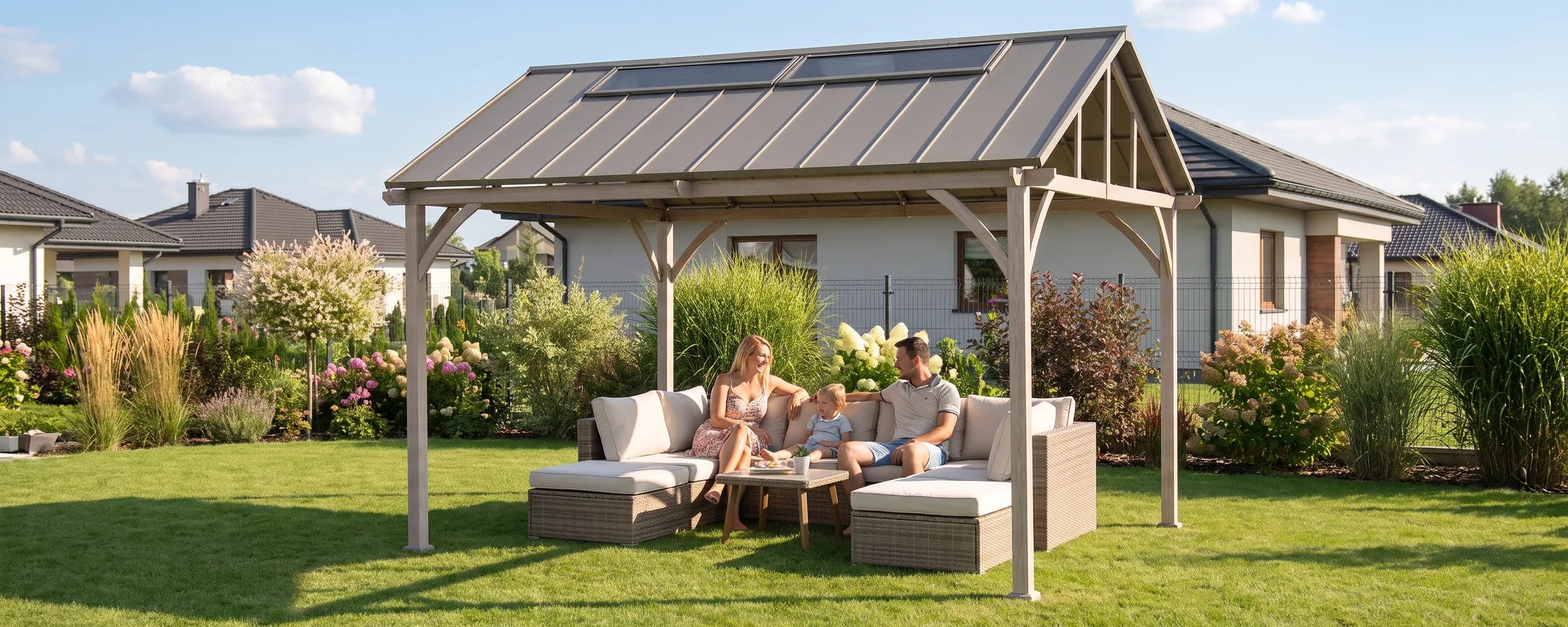 A large outdoor patio cover with a dark metal roof and light woodgrain steel posts, sheltering a patio seating area with two people sitting on a sofa in a landscaped backyard.