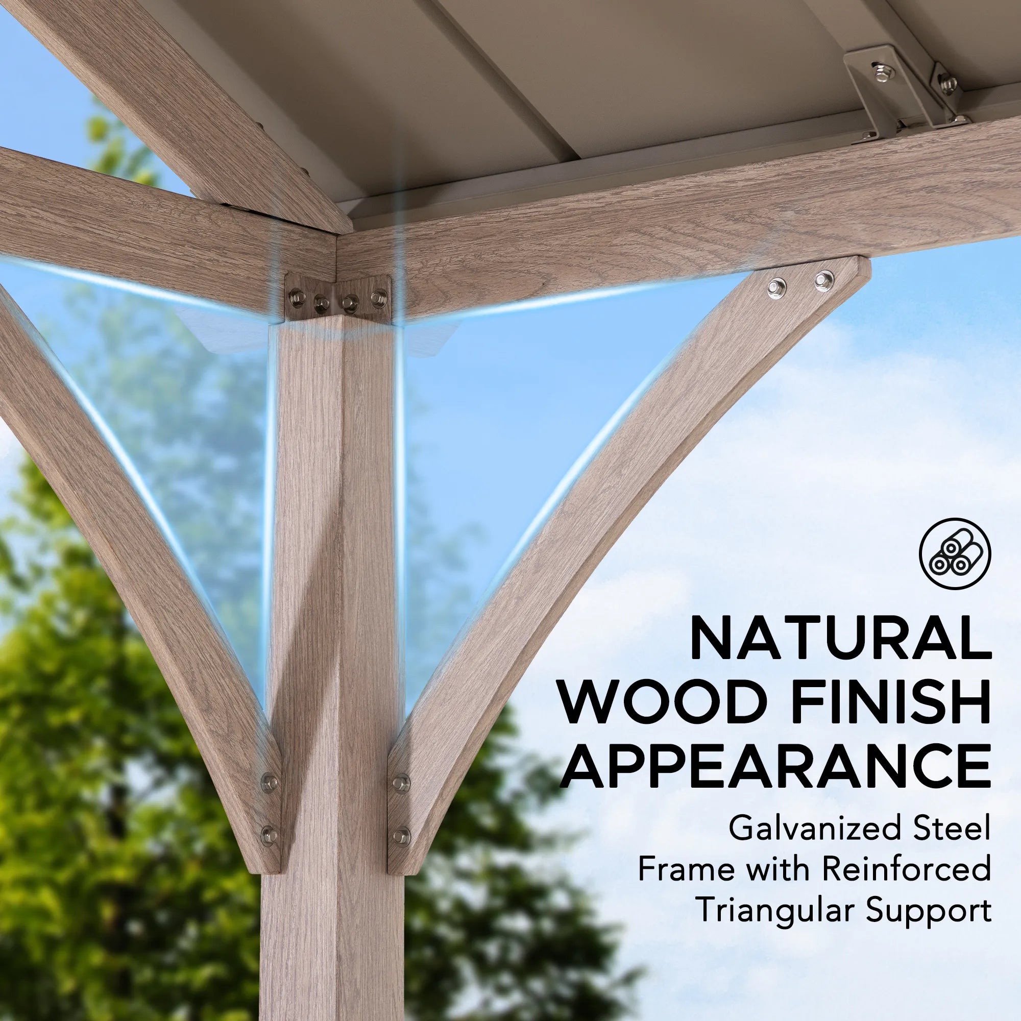 SUNJOY 11x13 Wood Finish Extra-Tall Hardtop Gazebo with Pitched Roof and PC Boards.