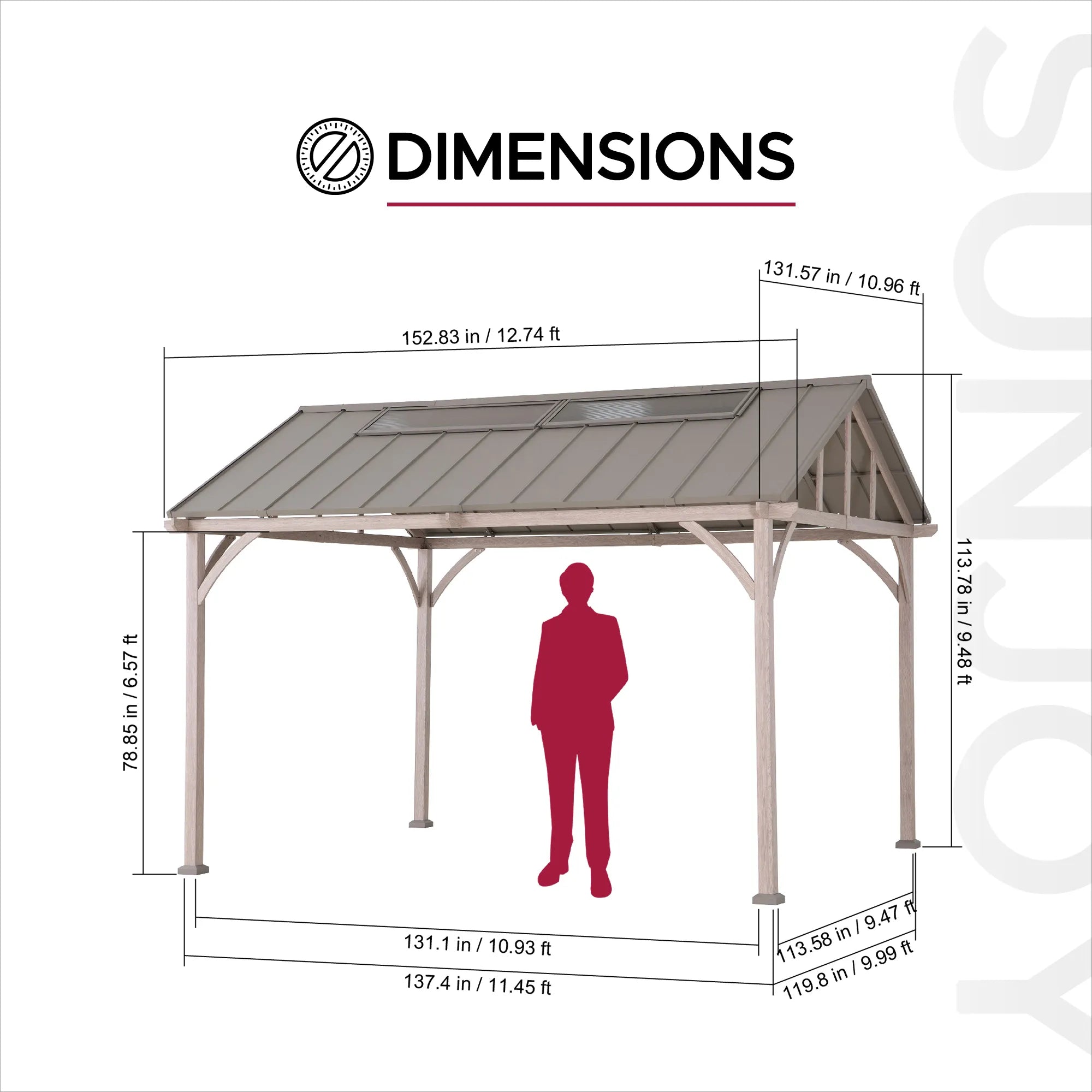 SUNJOY 11x13 Wood Finish Extra-Tall Hardtop Gazebo with Pitched Roof and PC Boards.