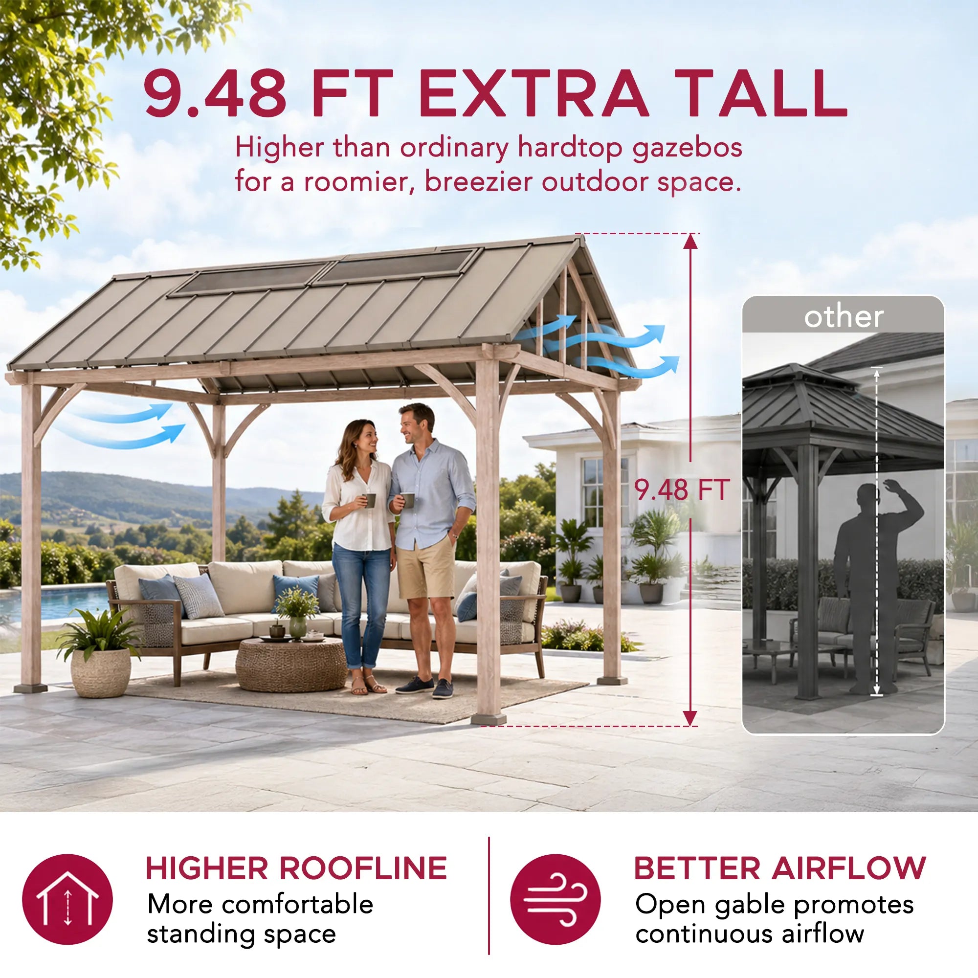 SUNJOY 11x13 Wood Finish Extra-Tall Hardtop Gazebo with Pitched Roof and PC Boards.