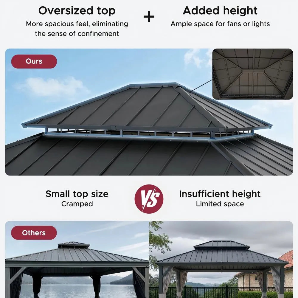 SUNJOY 11x13 Wooden Gazebo with Nettings and CurtainsδΈ¨Extra-Large Vent Top - Weathered Cedar